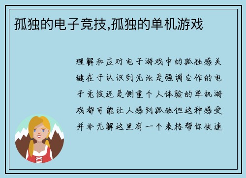 孤独的电子竞技,孤独的单机游戏